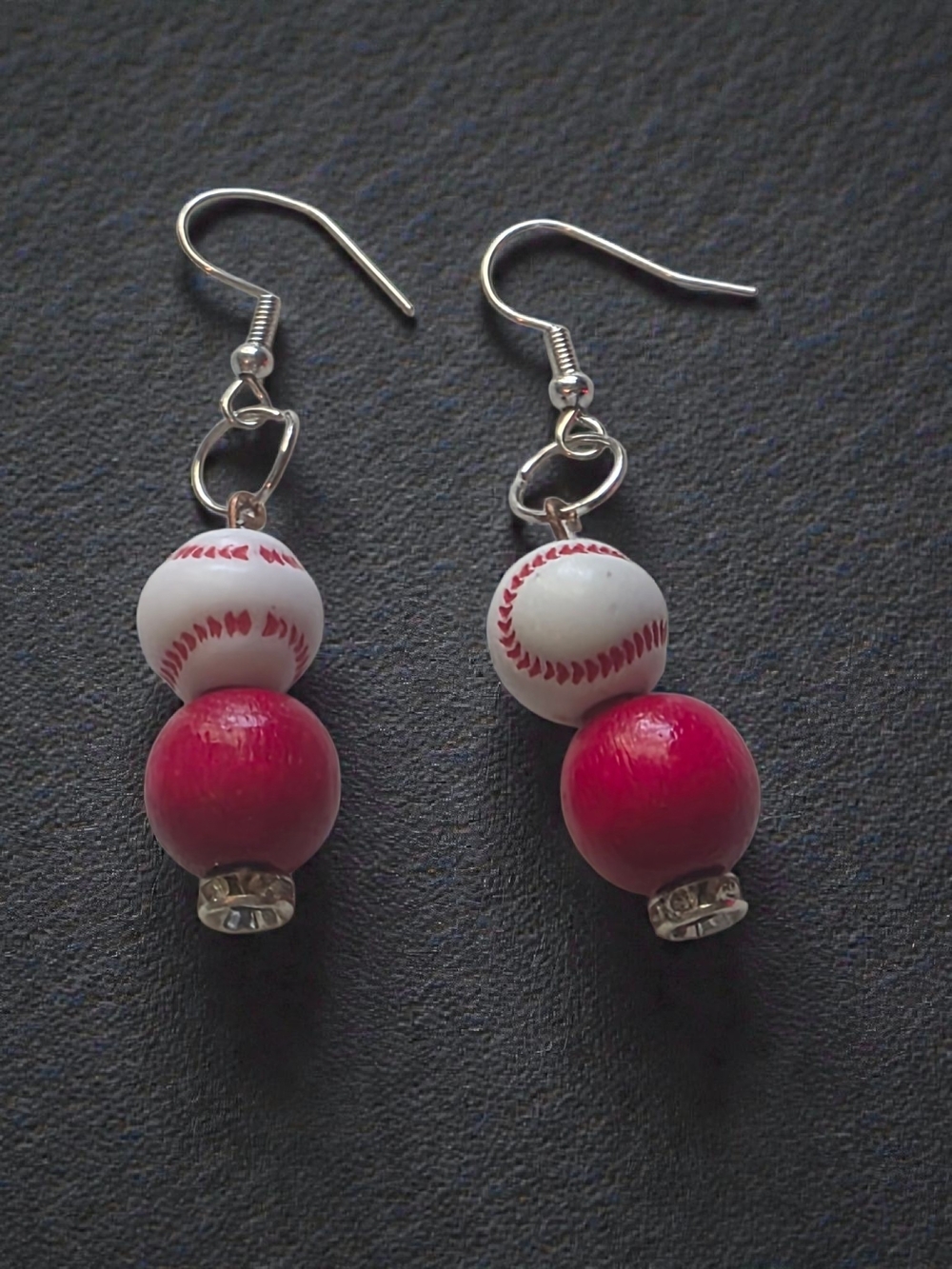 Baseball Dangle Earrings with Red Wood Beads